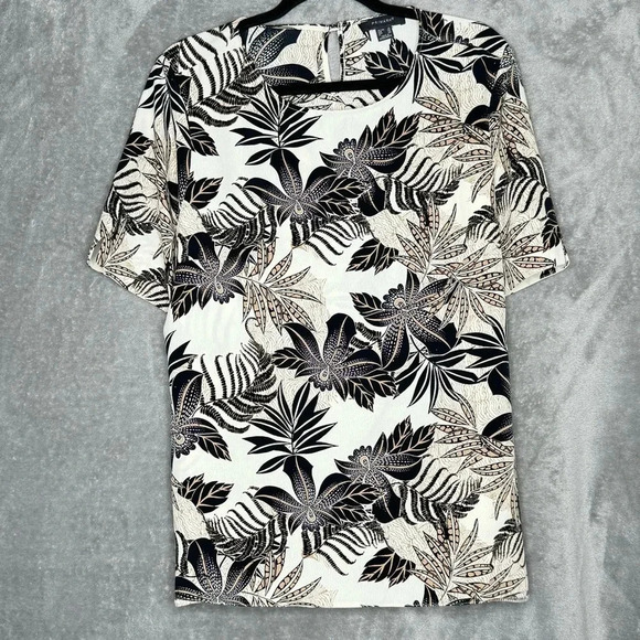 Primark 14 XL Shirt Top Ivory Floral Flower Short Sleeve Scoop Neck Button Back - Picture 1 of 8